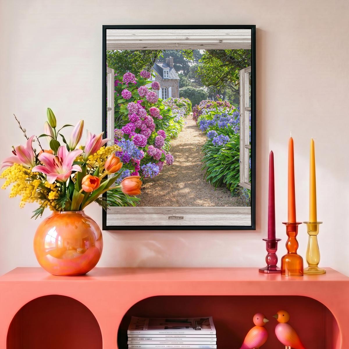 LEINWAND Bilder mit Rahmen - Hortensie - Durchsichtig - Blumen - Sommer - Lila - Weg - 30x40 - Lila, Textil (30/40cm) - MuchoWow