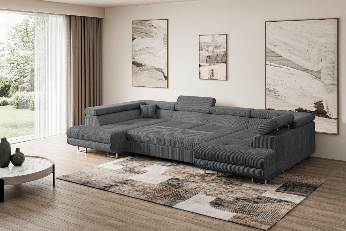 WOHNLANDSCHAFT mit Schlaffunktion und Bettkasten GUSA-U 342x202x107 cm Duneklgrau Cord - Dunkelgrau/Silberfarben, Holzwerkstoff/Textil (342/107/202cm) - ALTDECOR