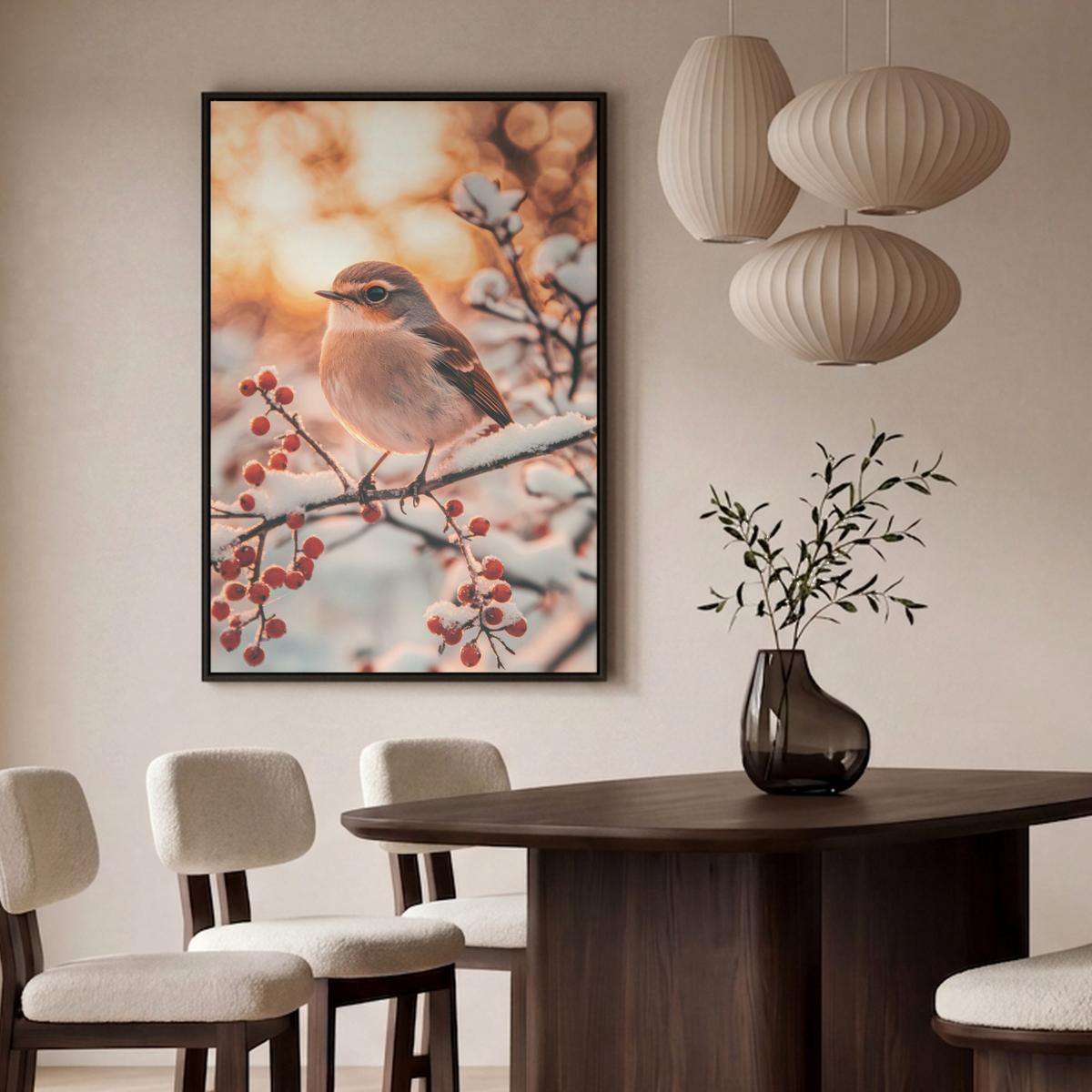 LEINWAND Bilder mit Rahmen - Vogel - Zweig - Winter - Tiere - Schnee - 80x120 - Bernsteinfarben, Textil (80/120cm) - MuchoWow