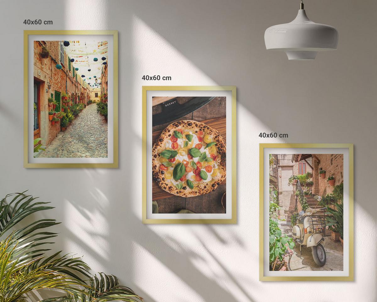 BILDER SET 3er Set - 40x60 cm Goldrahmen - Charmante Straßen mit Pizza - Goldfarben, Kunststoff (40/60cm) - TULUP