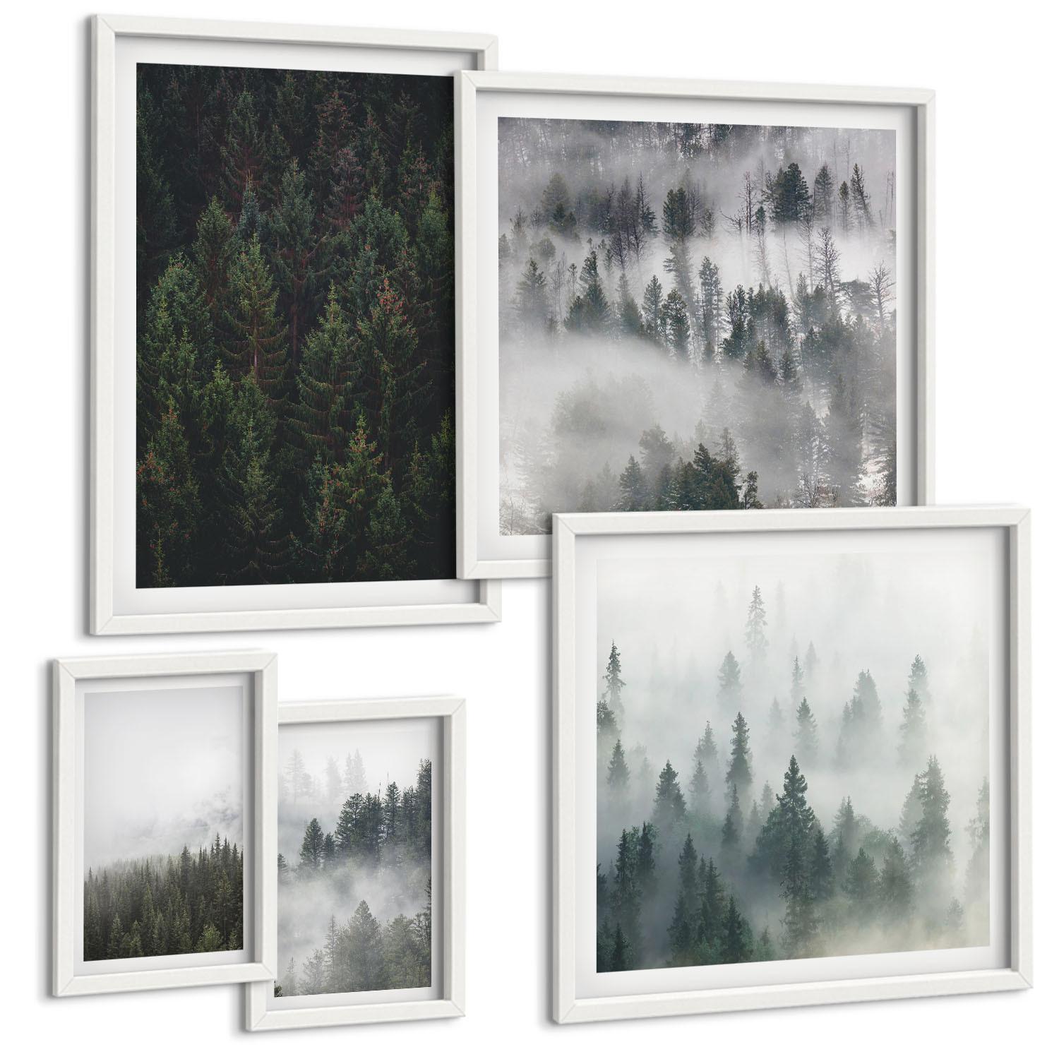 BILDER SET 5er Set - 50x50 cm & 20x30 cm & 40x60 cm Weißer Rahmen - Grüne Wälder, neblige Landschaft - Weiß, Kunststoff (40/60cm) - TULUP