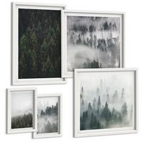 BILDER SET 5er Set - 50x50 cm & 20x30 cm & 40x60 cm Weißer Rahmen - Grüne Wälder, neblige Landschaft - Weiß, Kunststoff (40/60cm) - TULUP