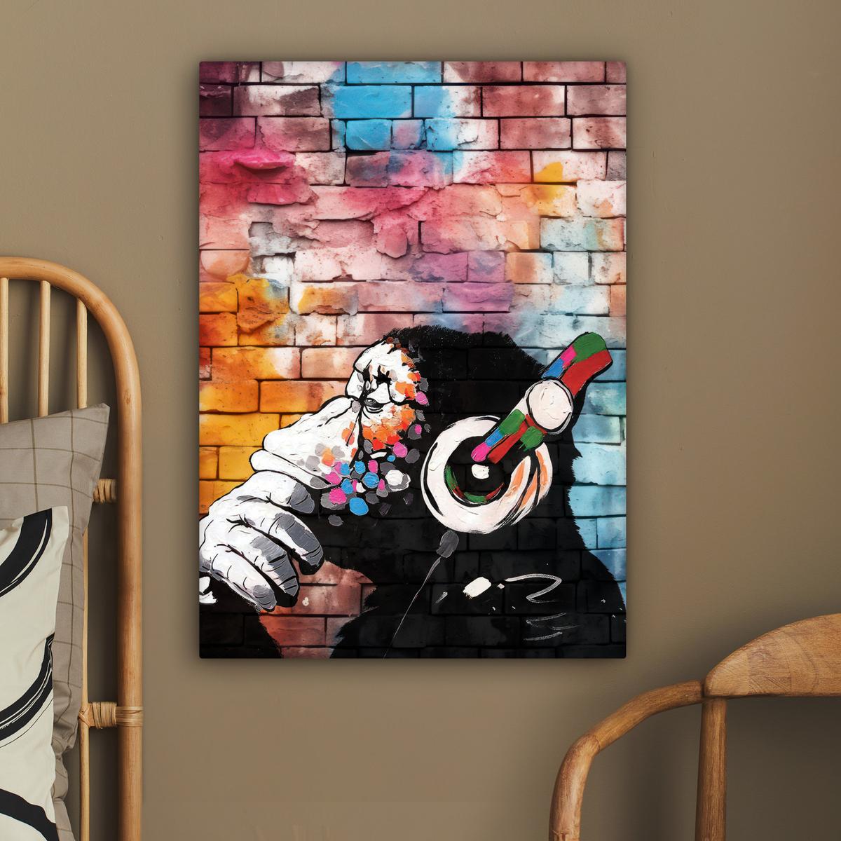 LEINWANDBILD Affe - Graffiti - Musik Wandbild Wohnzimmer 60x80 cm - Multicolor, Textil (60/80cm) - MuchoWow