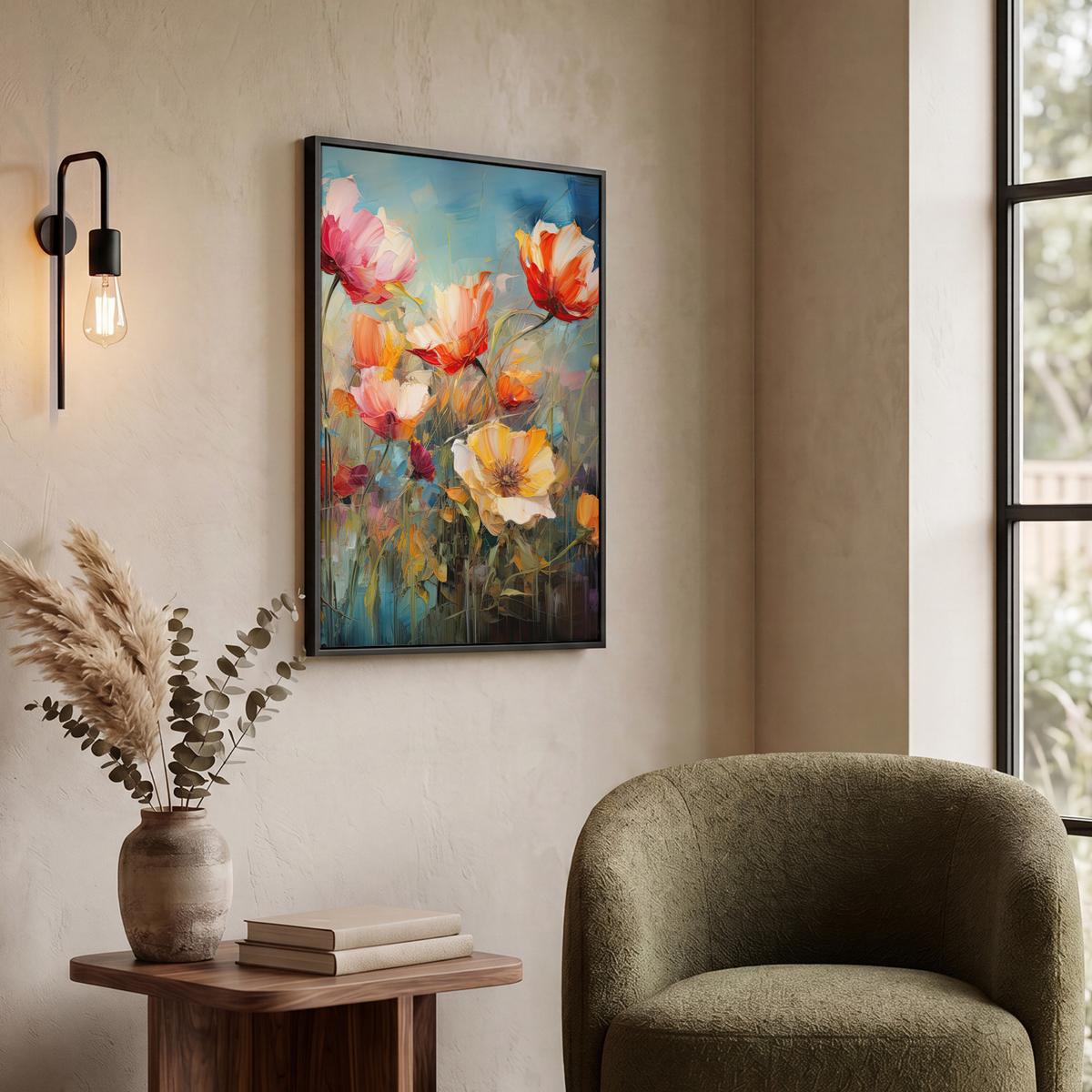 LEINWAND Bilder mit Rahmen - Blumen - Aquarell - Kunst - Botanisch - Natur - 60x80 - Orange, Textil (60/80cm) - MuchoWow