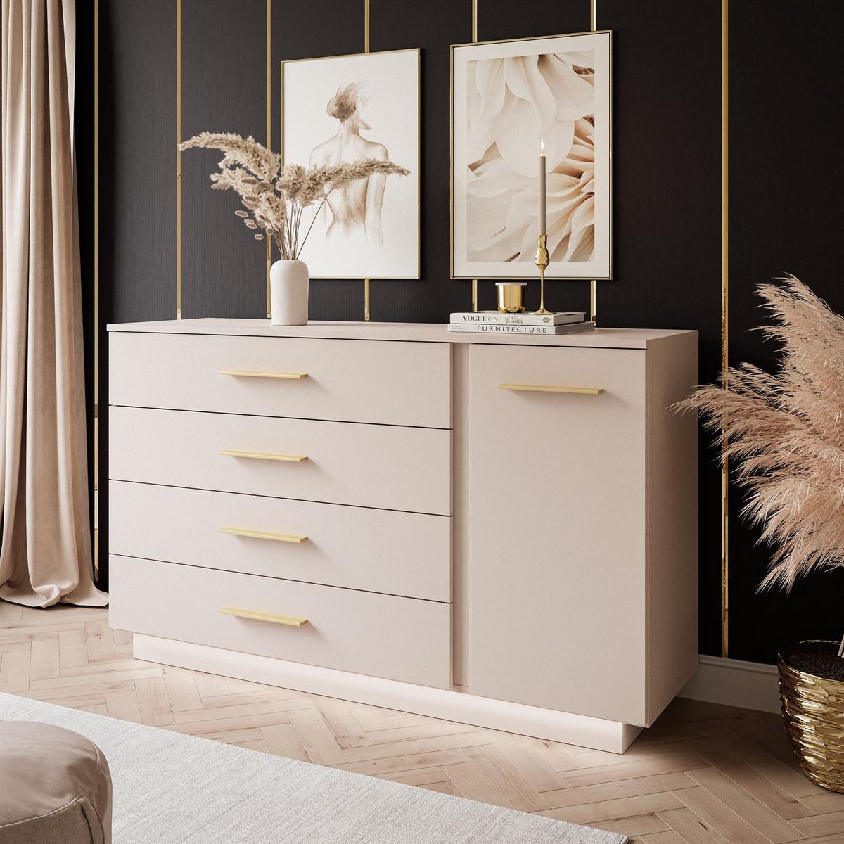 SIDEBOARD LINA KASCHMIR II 1D4S mit LED-Beleuchtung Griffe Goldmatt - Kaschmir/Goldfarben, Holzwerkstoff (138/84/40cm) - Lookway
