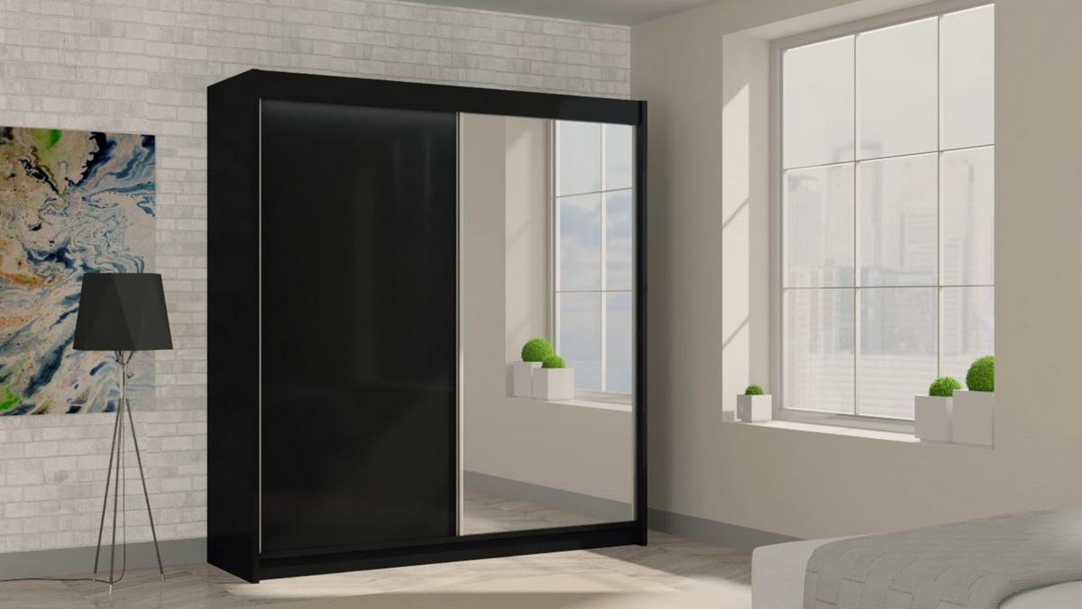 KLEIDERSCHRANK mit Spiegel-Schiebetüren und Aluminium-Leisten - PARTI - 200 cm Schwarz - Schwarz, Holzwerkstoff (200/216/61cm) - ALTDECOR