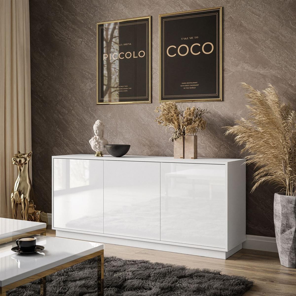 SIDEBOARD SANAYI auf Sockel Hochglanz Weiß - Weiß Hochglanz/Weiß, Holzwerkstoff (154/66/40cm) - Lookway