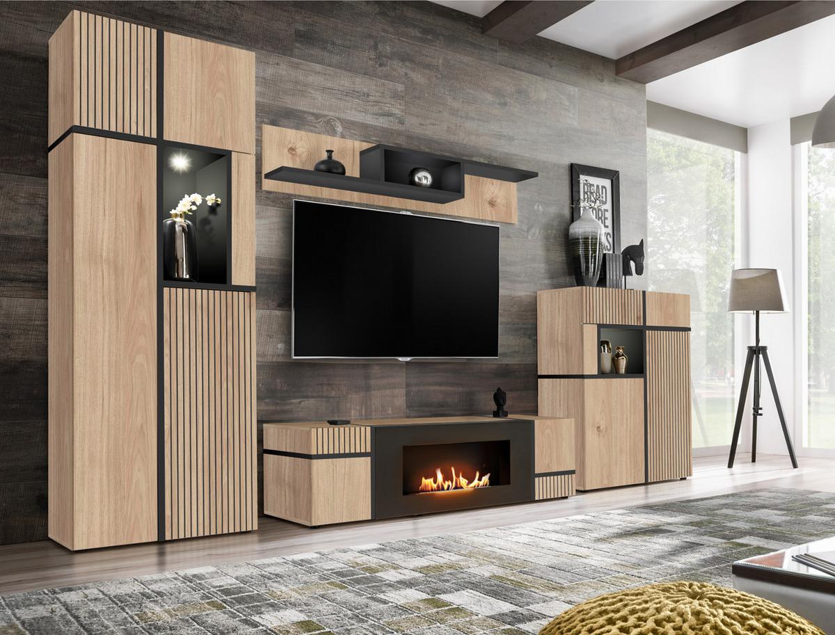 WOHNWAND Eiche Hickory, schwarz 340 cm, Schrankwand mit Kamin, inkl. LED-Beleuchtung - Eichefarben/Schwarz, Glas/Holzwerkstoff (340/197/50cm) - Inn.Furn