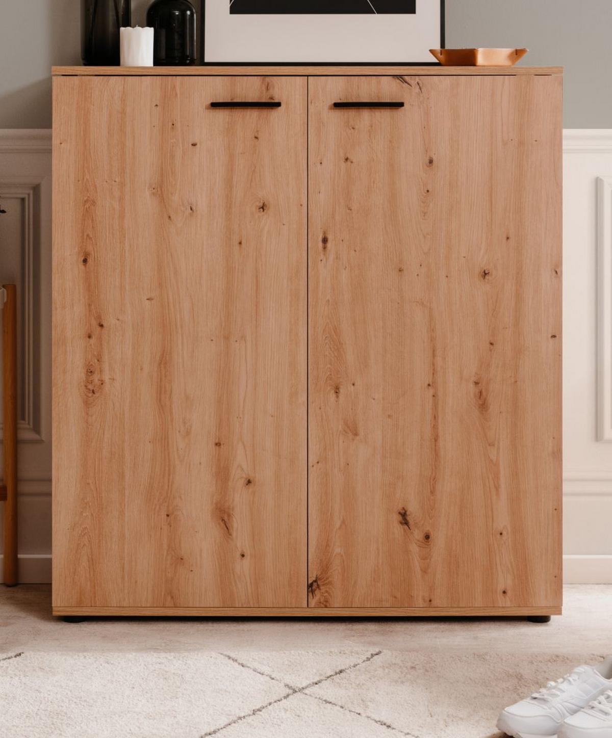 SCHUHSCHRANK Eiche Artisan 100 cm, Schuhkommode aufklappbar mit 12 Fächern - Schwarz/Eiche Artisan, Holzwerkstoff/Kunststoff (100/110/34cm) - Furn.Design