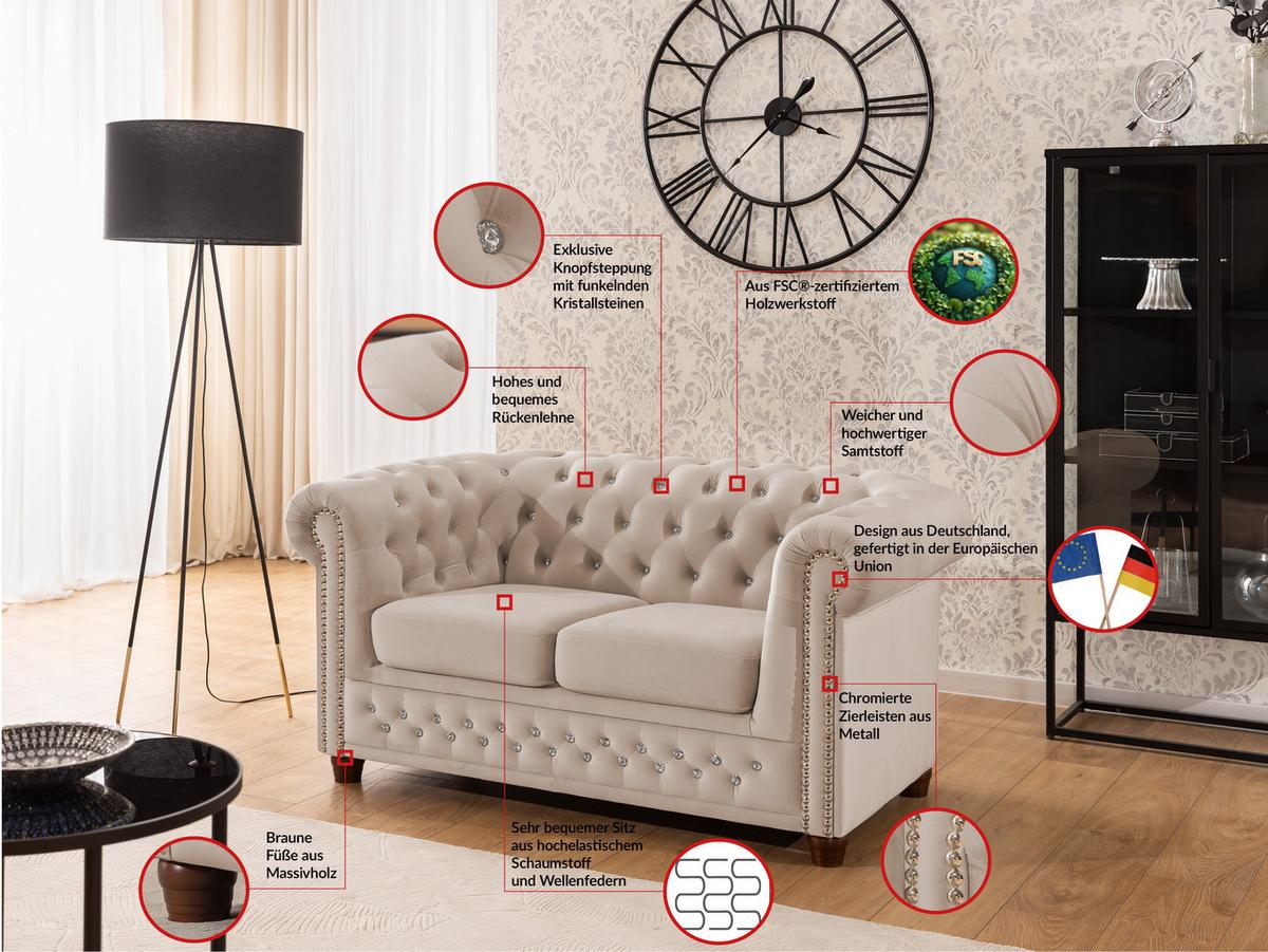 CHESTERFIELD-SOFA 2-sitzer Cleo Blink Beige Samt mit Kristallsteppung und braunen Massivholzfüßen - Beige/Braun, Holz/Textil (148/72/86cm) - S-Style Möbel