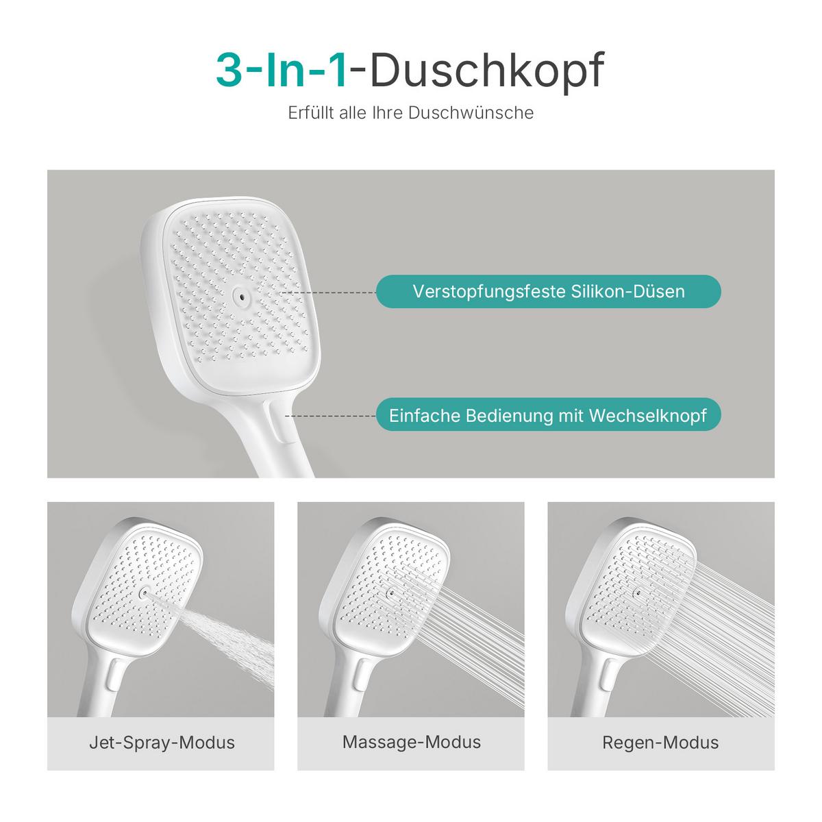 ÜBERKOPFBRAUSESET mit Thermostat und 4 Wasserauslässen 40,9/60/105 cm - Weiß, Metall (40/113/58cm) - EMKE