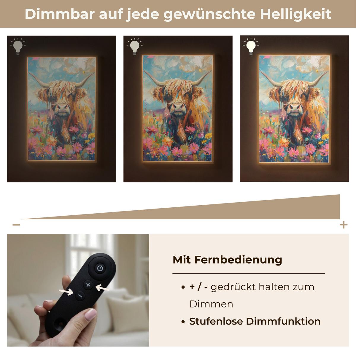 WANDLEUCHTE MIT AKKU Schottische Hochländer - Natur - Farbenfroh - Blumen 70x100 cm - Multicolor, Holzwerkstoff (70/100/8cm) - OnlyWow