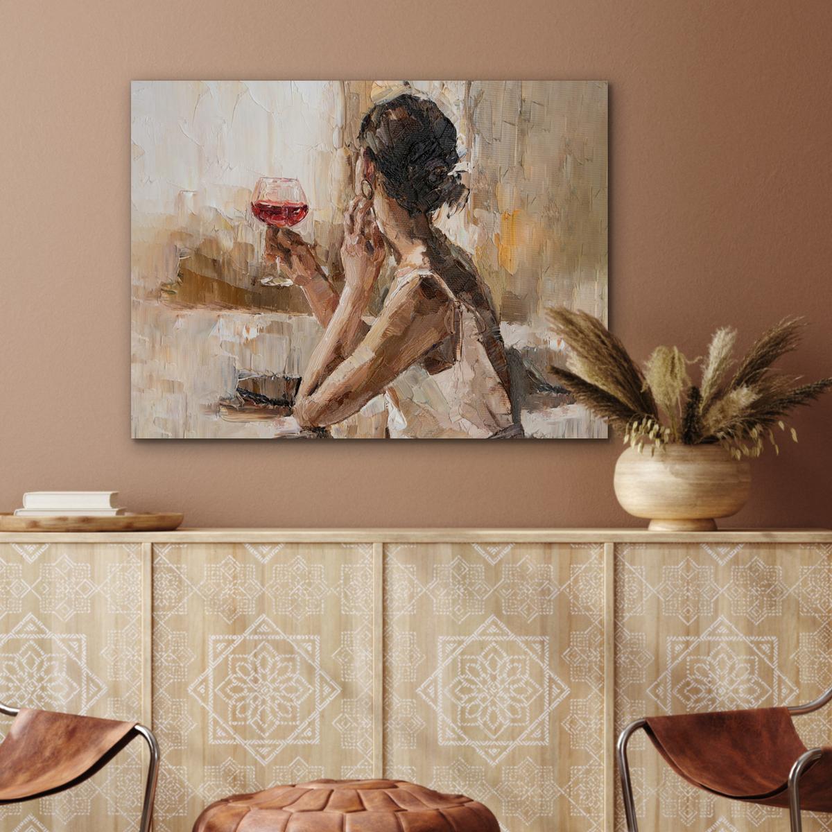 METALLBILD Ölgemälde - Frau - Wein 80x60 cm - Hellbraun, Metall (80/60cm) - MuchoWow