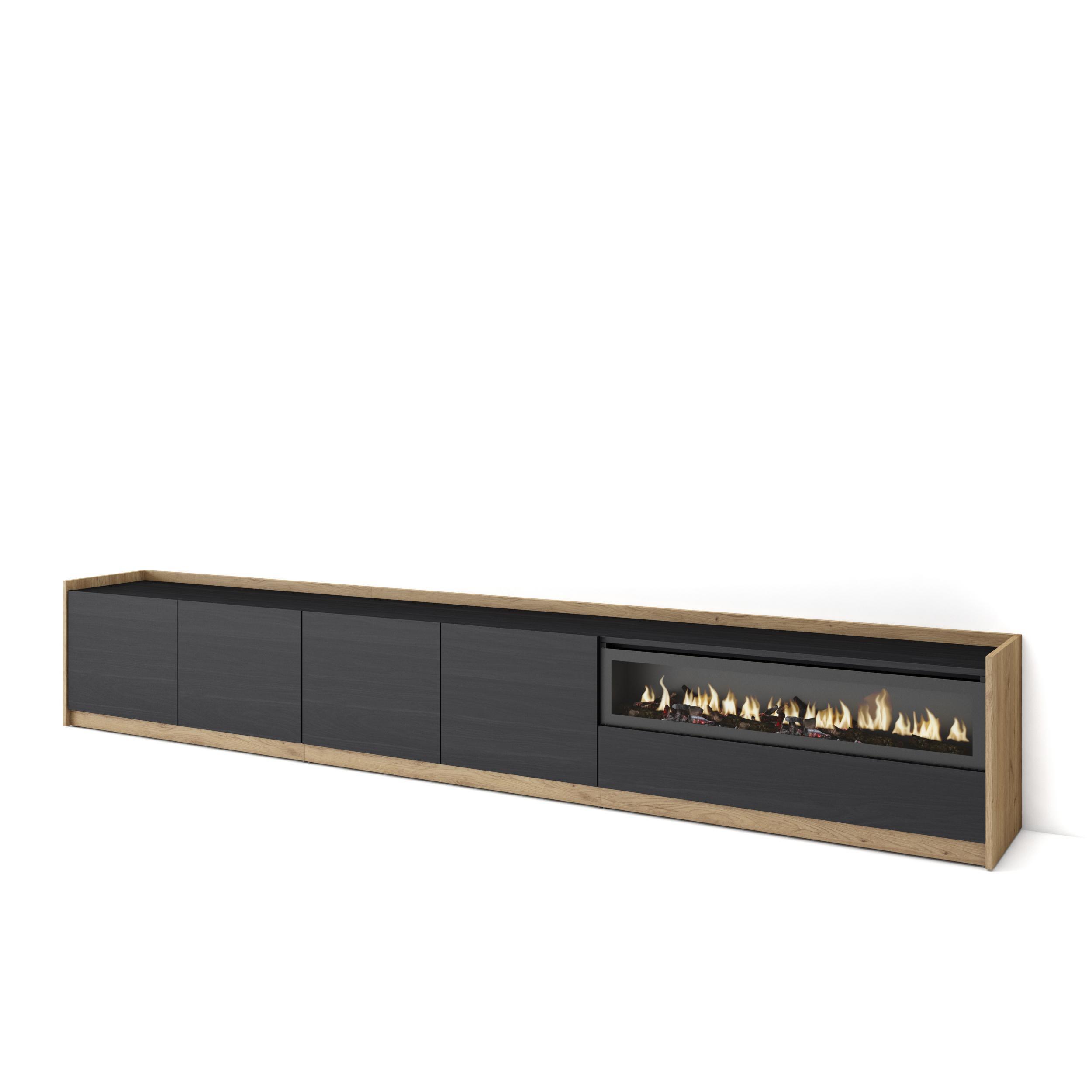 LOWBOARD, Schwarz Eiche, Elektrokamin, 310/37/50cm - Schwarz, Holzwerkstoff (310/50/37cm) - Skraut Home