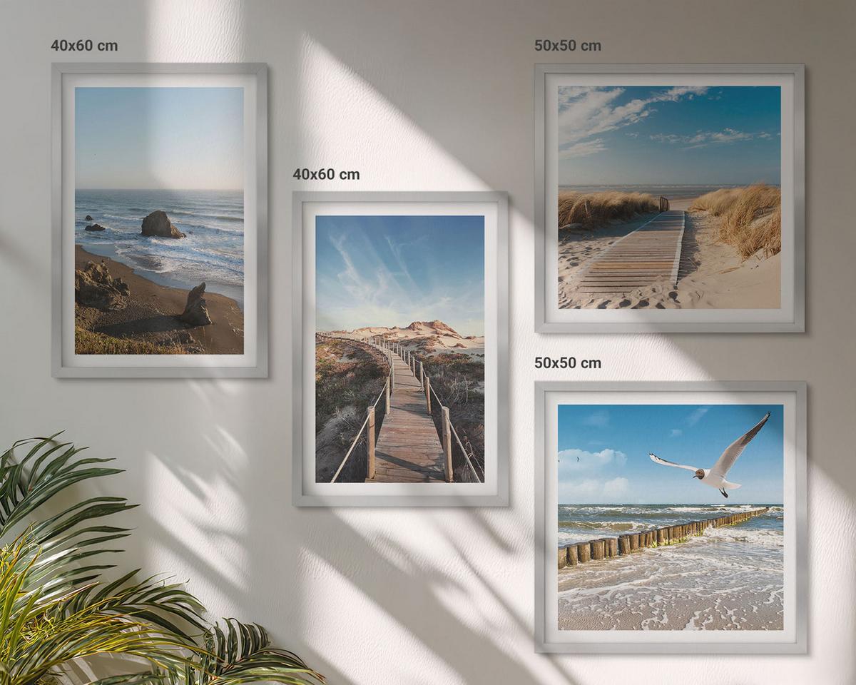 BILDER SET 4er Set - 50x50 cm & 40x60 cm Silberner Rahmen - Strandwellen, Himmelsbrücke, Spaziergang - Silberfarben, Kunststoff (50/50cm) - TULUP