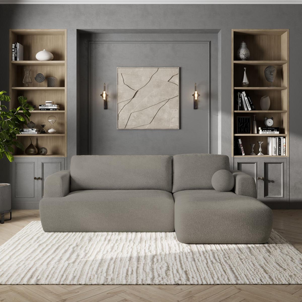 ECKSOFA SENTI N R-S Hellgrau Boucle-Stoff mit Schlaffunktion - Hellgrau/Schwarz, Holz/Kunststoff (246/148cm) - MASSENO