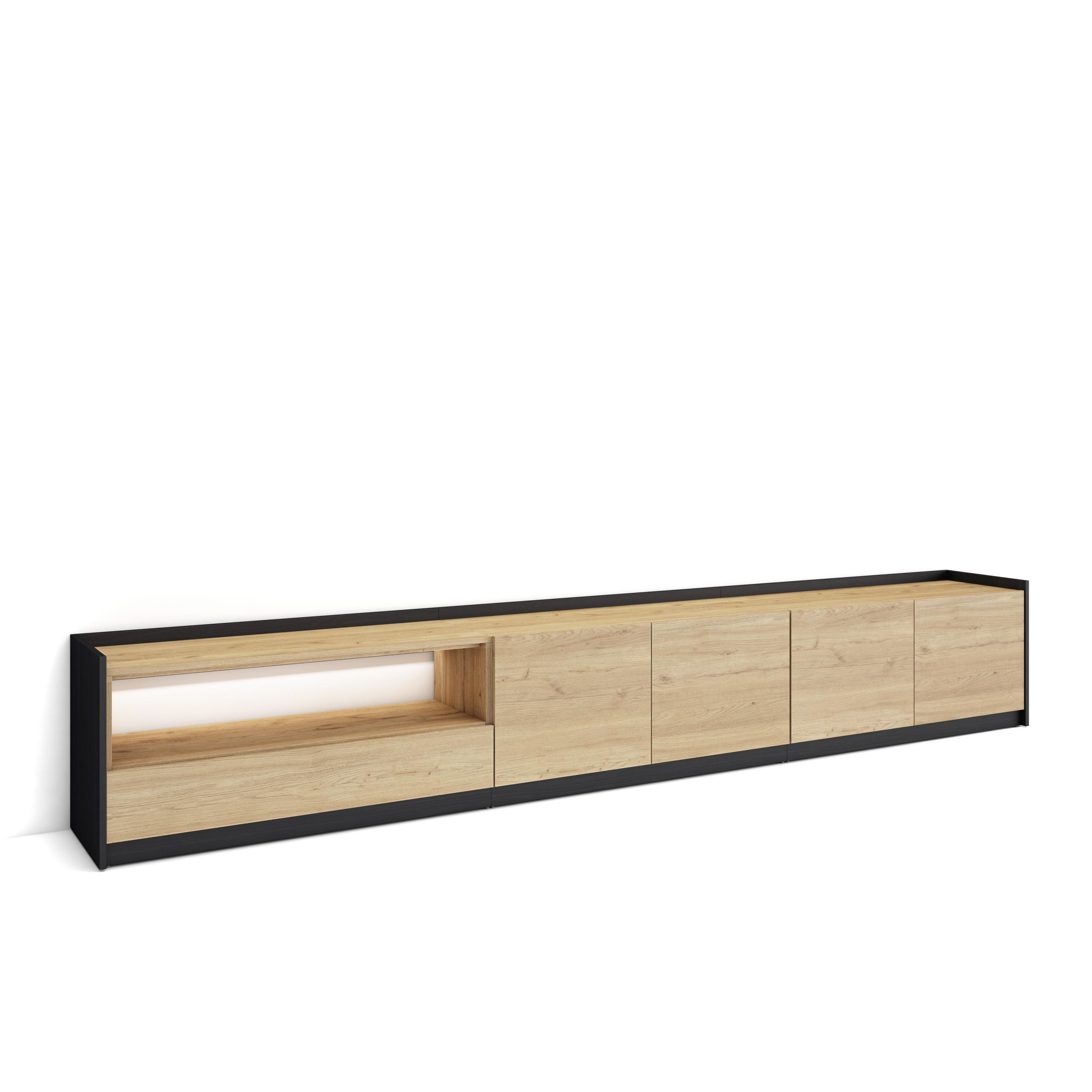 LOWBOARD, Eiche und Schwarz, 310/37/50cm, mit Led - Eichefarben, Holzwerkstoff (310/50/37cm) - Skraut Home