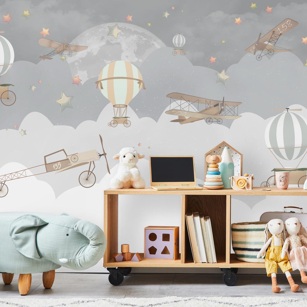 FOTOTAPETE für Kinderzimmer Ballons Wolken Flugzeug Himmel Sterne 500x350 - Multicolor, Papier (500/350cm) - Muralo