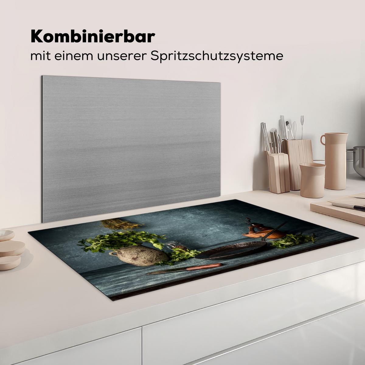 HERDABDECKPLATTE Kräuter - Gewürze - Pfanne - Messer - Grau - Rustikal Induktionsschutz 89.6x51.6 cm - Petrol, Kunststoff (89.6/51.6/0.2cm) - MuchoWow