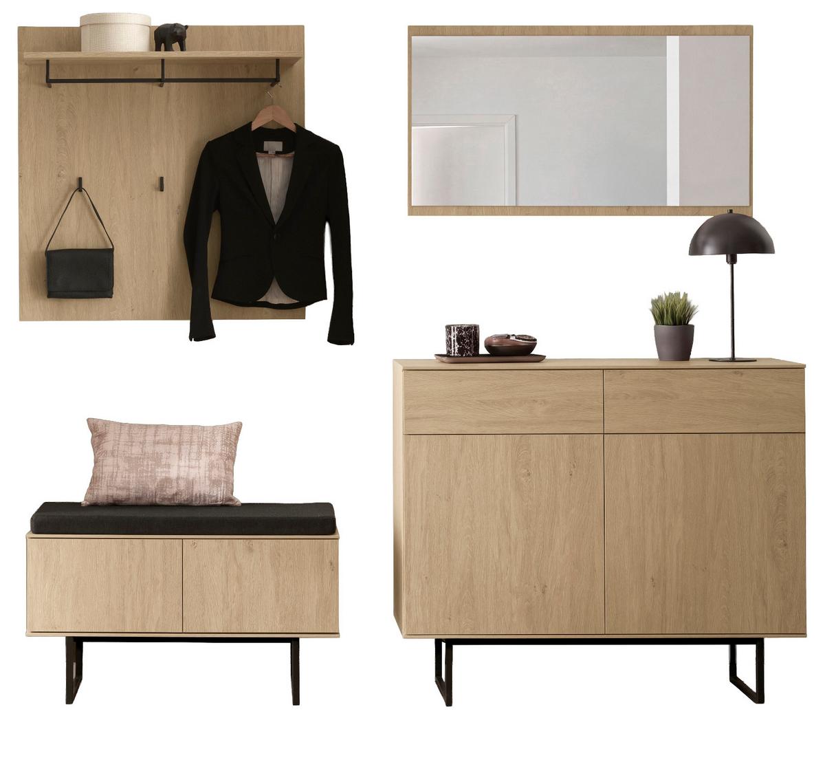 GARDEROBE-SET Stone Eiche 5-teilig 215 cm, Garderobenkombination in modernem Design - Eichefarben/Schwarz, Holzwerkstoff/Metall (215/200/40cm) - Furn.Design