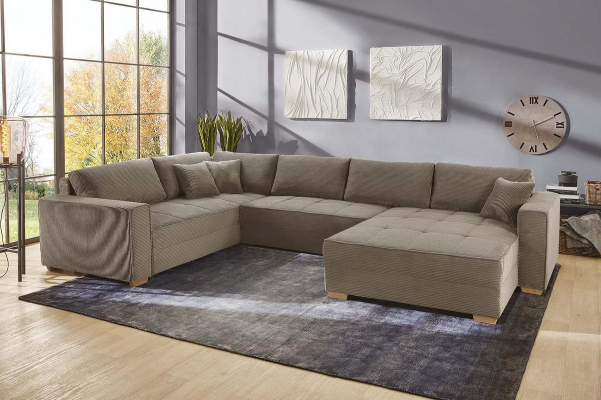WOHNLANDSCHAFT Schlaffunktion Bettkasten Wellenunterfederung, spiegelverkehrt montierbar U-Form B379/T227/H86 cm, Cord Braun Taupe / 15197 - Eichefarben/Braun, Holz/Textil (379/86/227cm) - luma-home