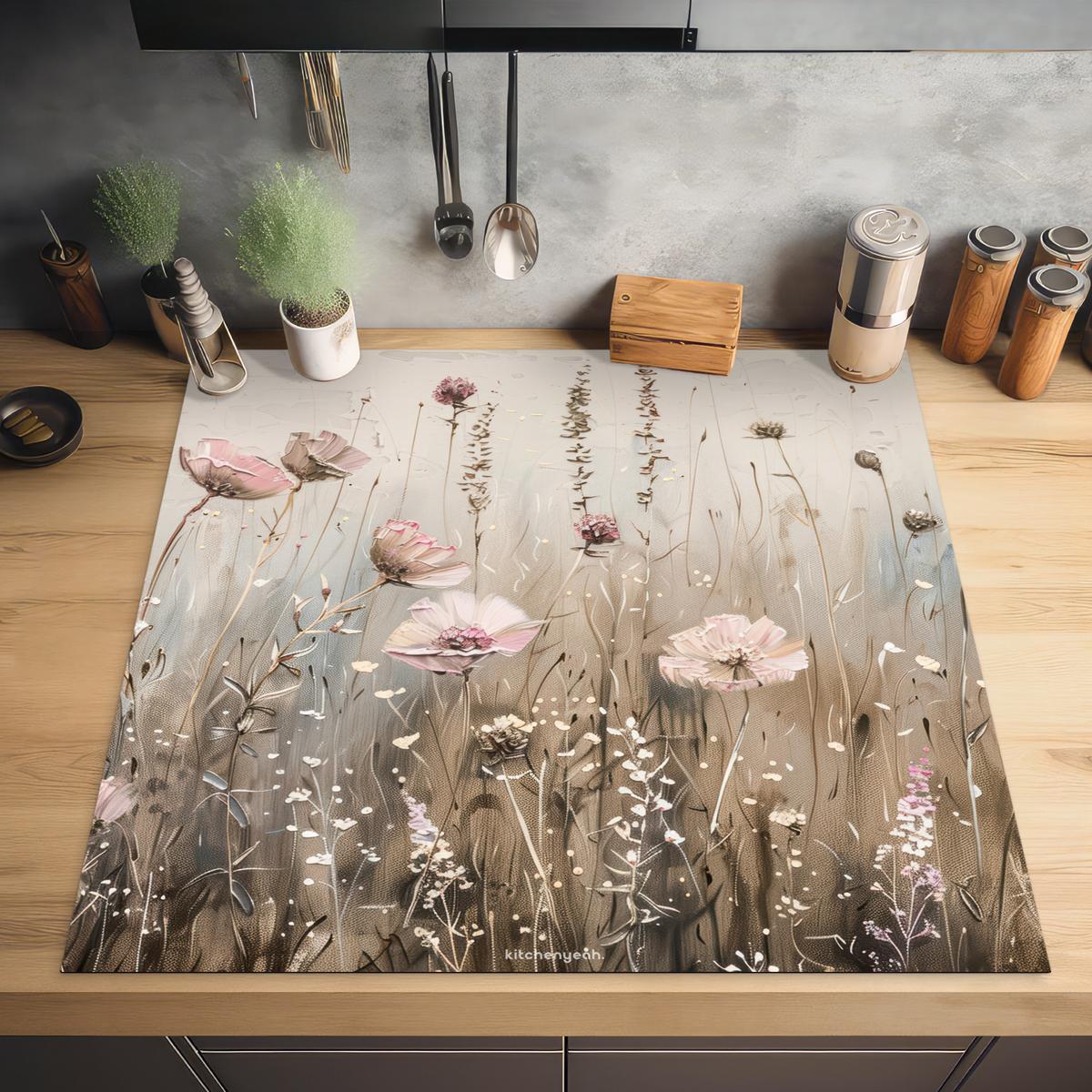 HERDABDECKPLATTE Blumen - Beige - Trockenblumen Induktionsmatte 78x78 cm - Beige, Kunststoff (78/78/0.2cm) - MuchoWow