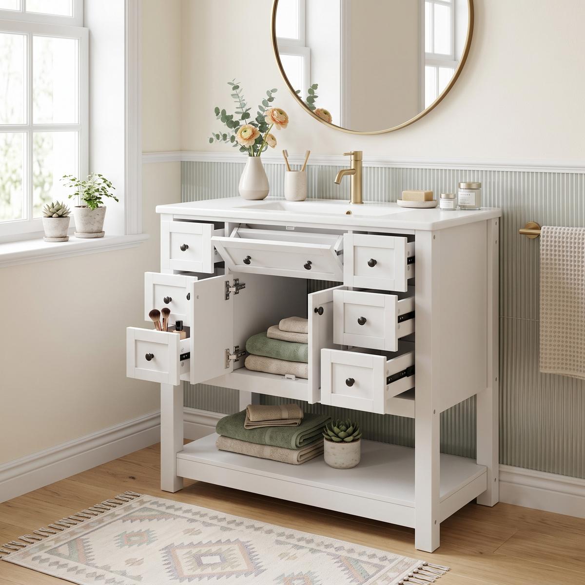 WASCHTISCH Freistehend Weiß mit Keramikbecken, 6 Schubladen & Regal - Weiß, Holzwerkstoff (91.5/90/46.5cm) - Urban Meuble