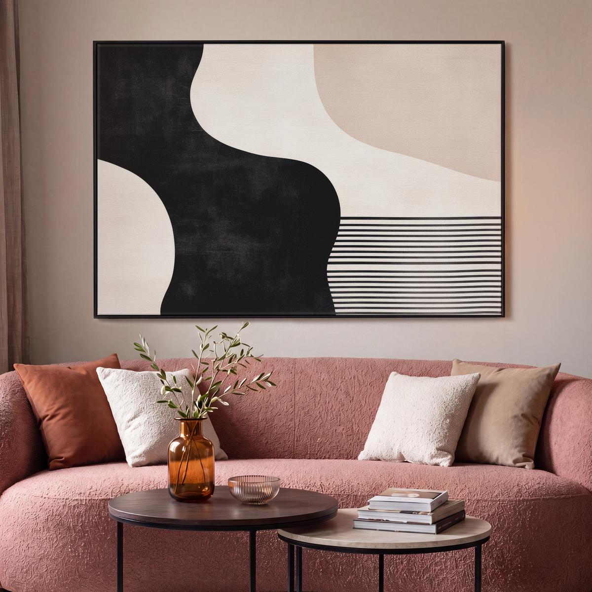 LEINWAND Bilder mit Rahmen - Abstrakt - Japandi - Beige - Modern - 140x90 - Schwarz, Textil (140/90cm) - MuchoWow