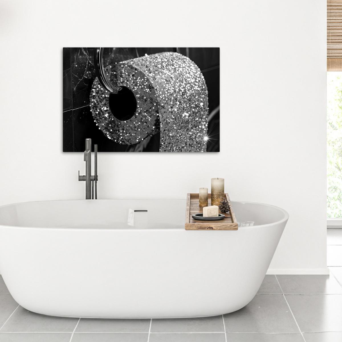 LEINWANDBILD WC - Toilettenpapier - Schwarz und weiß - Glitter Wanddeko 90x60 cm - Silberfarben, Textil (90/60cm) - MuchoWow