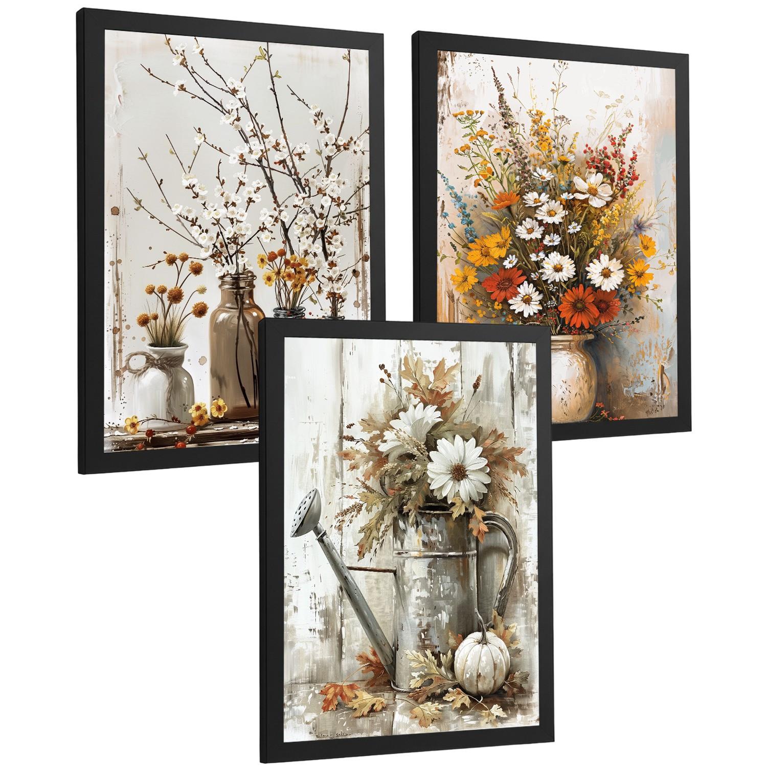 POSTER 3er Bilder-Set Wandbilder Blumen Vasen modern Wohnzimmer Deko, Schlafzimmer, Küche, Badezimmer Schwarzer Rahmen A4 - Schwarz, Papier (29.7/1/21cm) - Nacnic