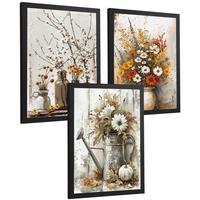 POSTER 3er Bilder-Set Wandbilder Blumen Vasen modern Wohnzimmer Deko, Schlafzimmer, Küche, Badezimmer Schwarzer Rahmen A4 - Schwarz, Papier (29.7/1/21cm) - Nacnic