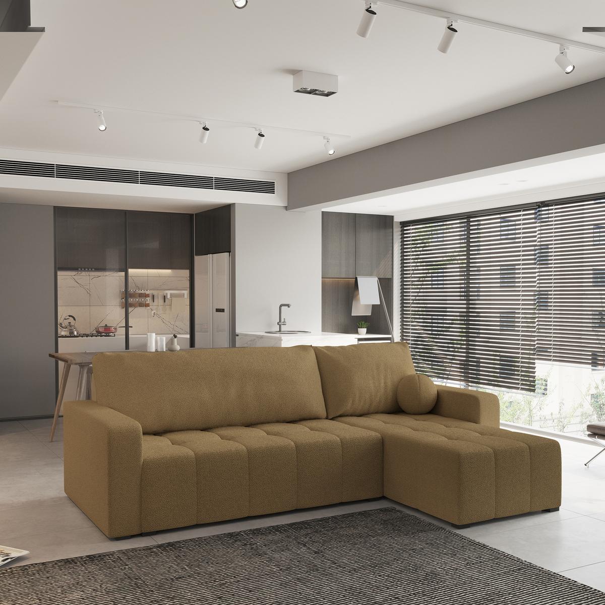 ECKSOFA VOLIRA Orange Boucle-Stoff mit Schlaffunktion - Orange, Holz (230/143cm) - MASSENO