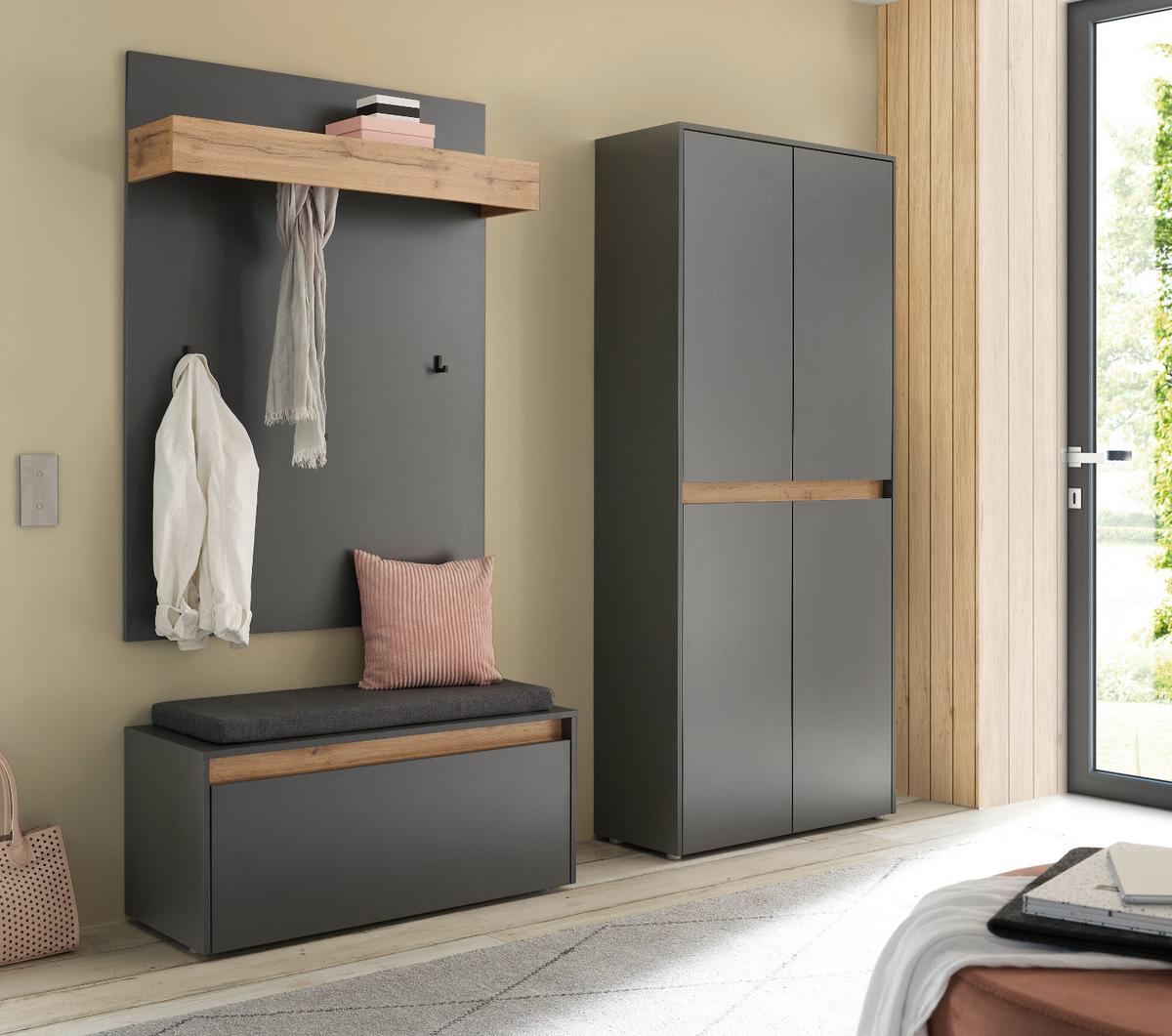 GARDEROBEN-SET grau matt, Eiche Wotan 195 cm 4-teilig, Flurgarderobe mit viel Stauraum - Eiche Wotan/Schwarz, Holzwerkstoff/Kunststoff (195/200/40cm) - Furn.Design