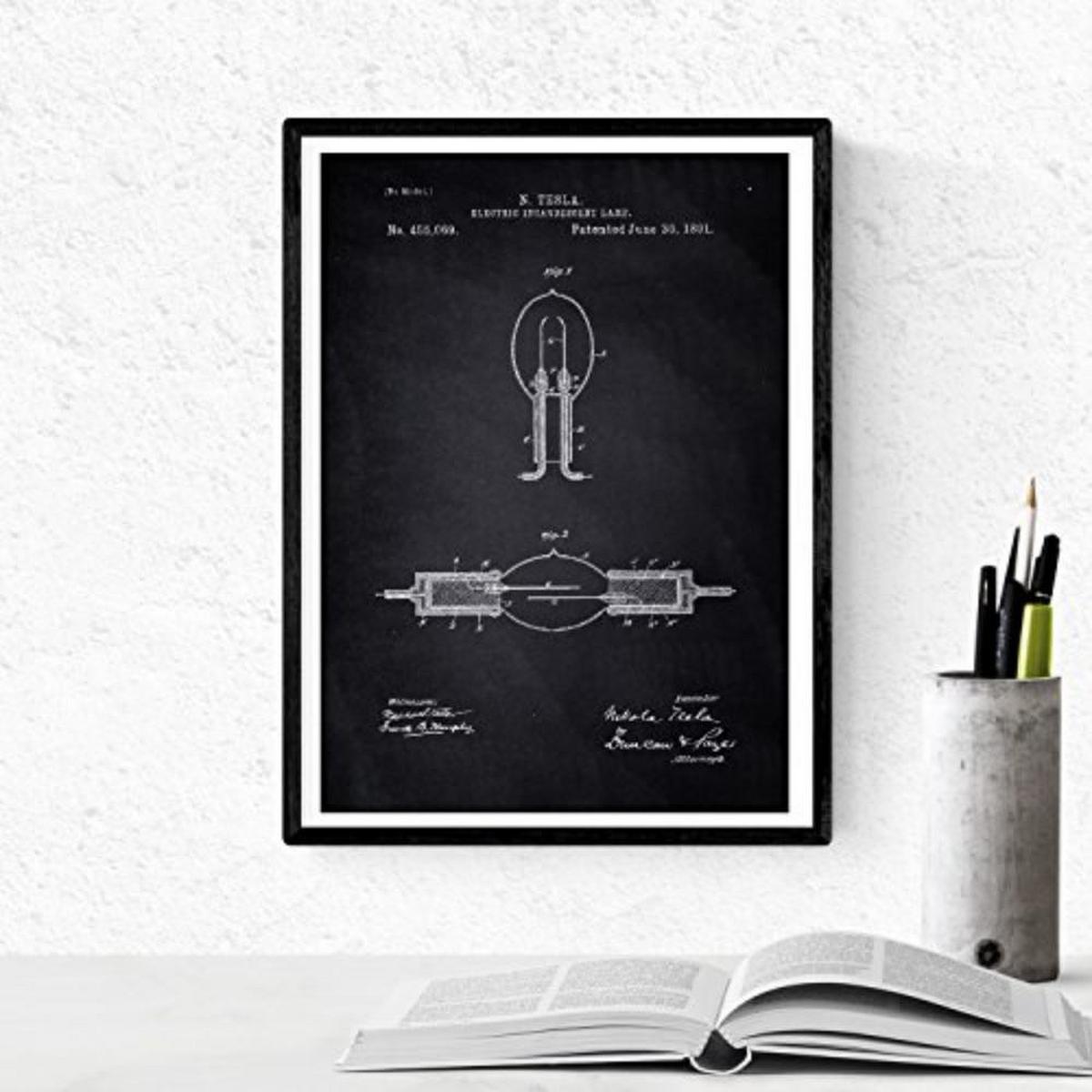 POSTER Set mit 4 Schwarz Patenten Strom A4 Schwarzer Rahmen - Schwarz, Papier (29.7/3cm) - Nacnic