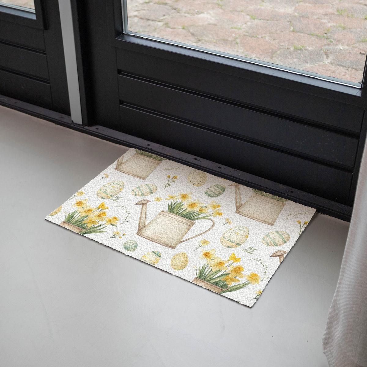 FUSSMATTE Gießkanne - Blumen - Eier Teppichmatte 60x40 cm - Gelb/Weiß, Kunststoff (40/60cm) - MuchoWow