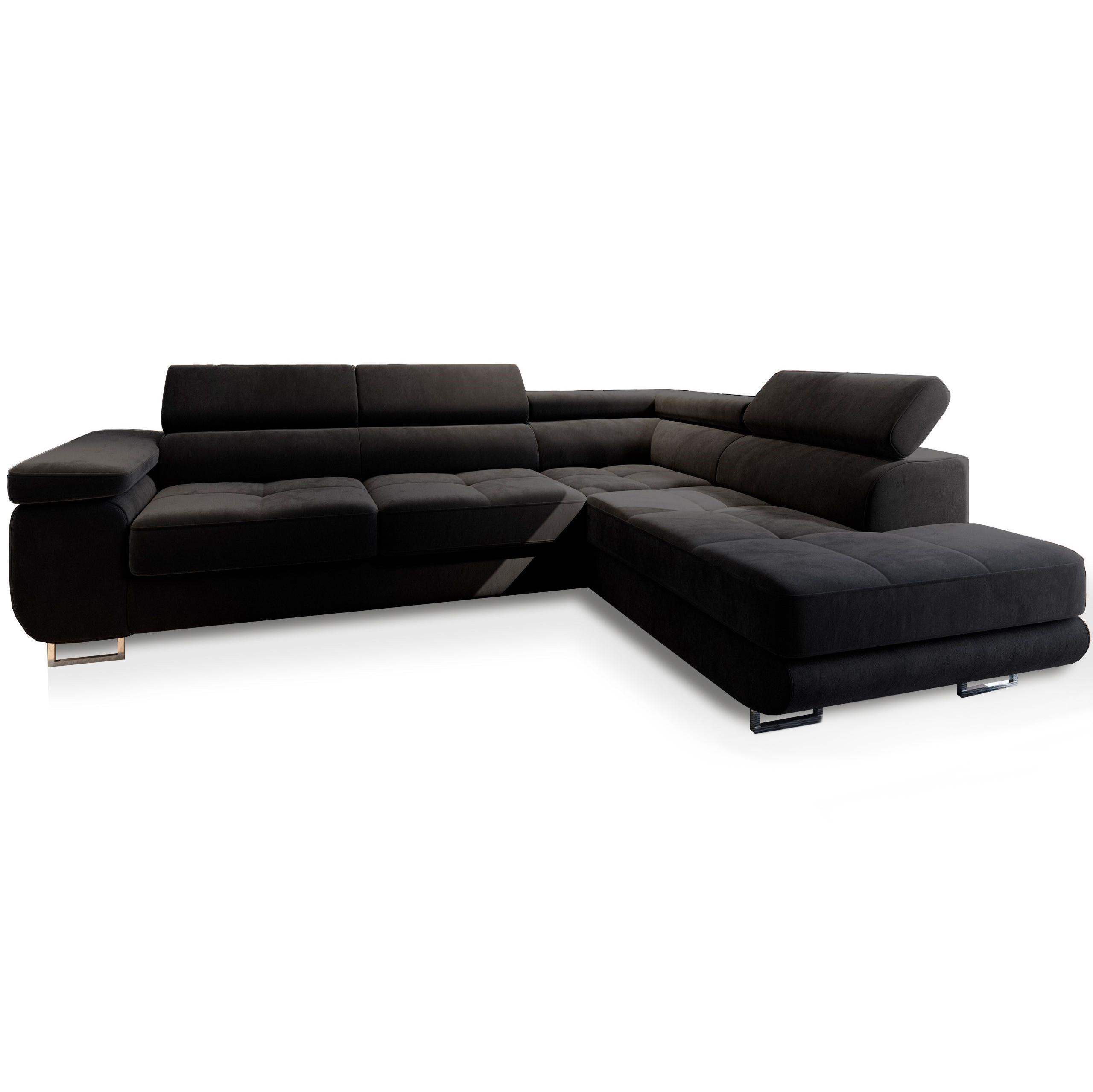 ECKSOFA SELVA R-S Schwarz Velours-Stoff mit Schlaffunktion - Silberfarben/Schwarz, Holz/Holzwerkstoff (275/202cm) - MASSENO