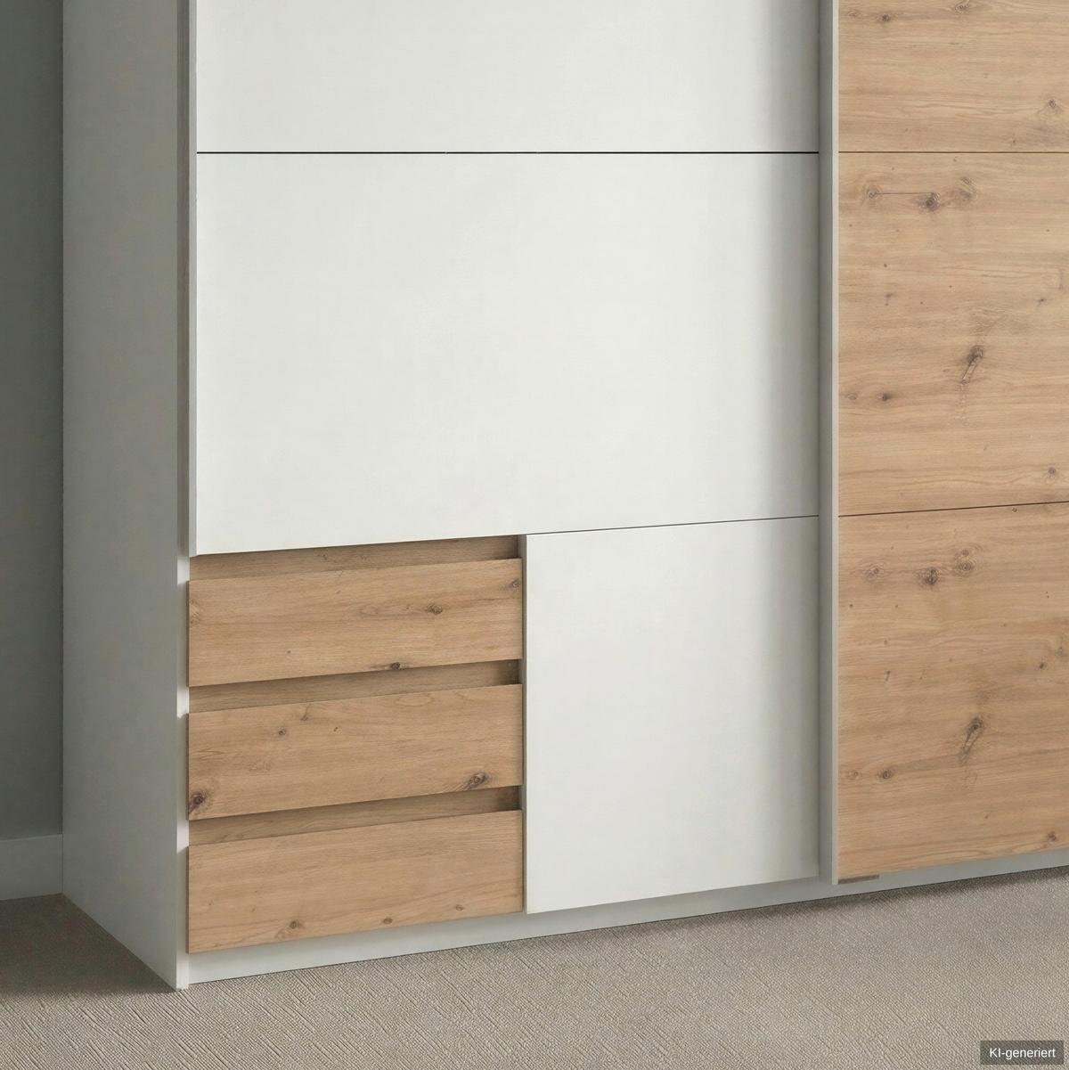 SCHWEBETÜRENSCHRANK 2-türig B179/H198/T65 cm, Kleiderschrank in Weiß, 1x Tür & sichtbare Schubkästen in Eiche Artisan Dekor / 22690 - Eichefarben/Alufarben, Holz/Holzwerkstoff (179/198/65cm) - luma-home