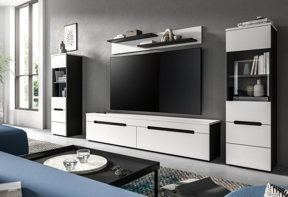 WOHNWAND weiß, grau, Wohnkombination 4-teilig hängend / stehend 272 cm, Cooper - Schwarz/Weiß, Glas/Holzwerkstoff (272/141/33cm) - Inn.Furn