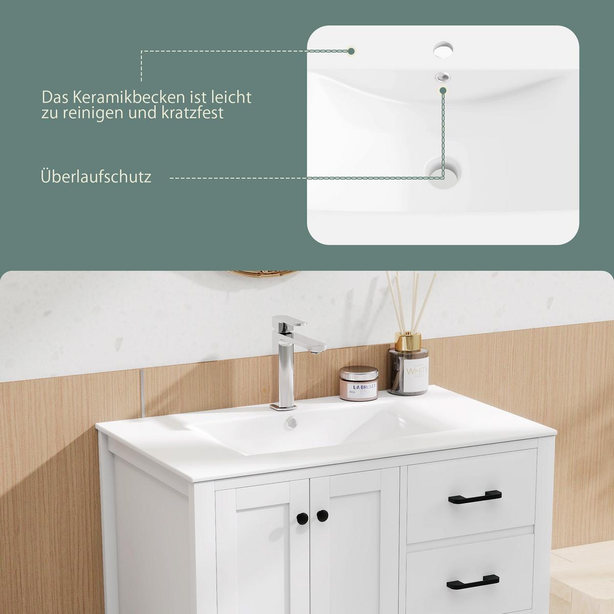 WASCHTISCH Freistehend Weiß mit Keramikbecken & 4 Schubladen - Weiß, Holzwerkstoff (76/82/46cm) - Urban Meuble