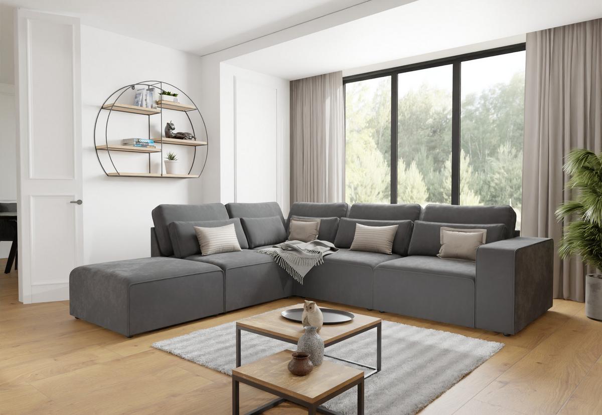 ECKSOFA modularer Leox Grau Samt-Stoff - Beige/Schwarz, Kunststoff/Textil (305/281cm) - S-Style Möbel