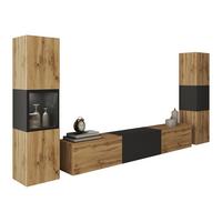 WOHNWAND Berlin III mit weißer LED Beleuchtung - Eiche Wotan/Schwarz, Holzwerkstoff/Kunststoff (180/30/33cm) - MIRJAN24