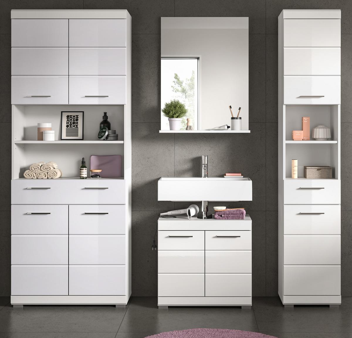 BADMÖBEL-SET weiß Hochglanz 4-teilig 200 cm, Komplettset mit viel Stauraum - Weiß Hochglanz, Glas/Holzwerkstoff (186/191/34cm) - Inn.Furn
