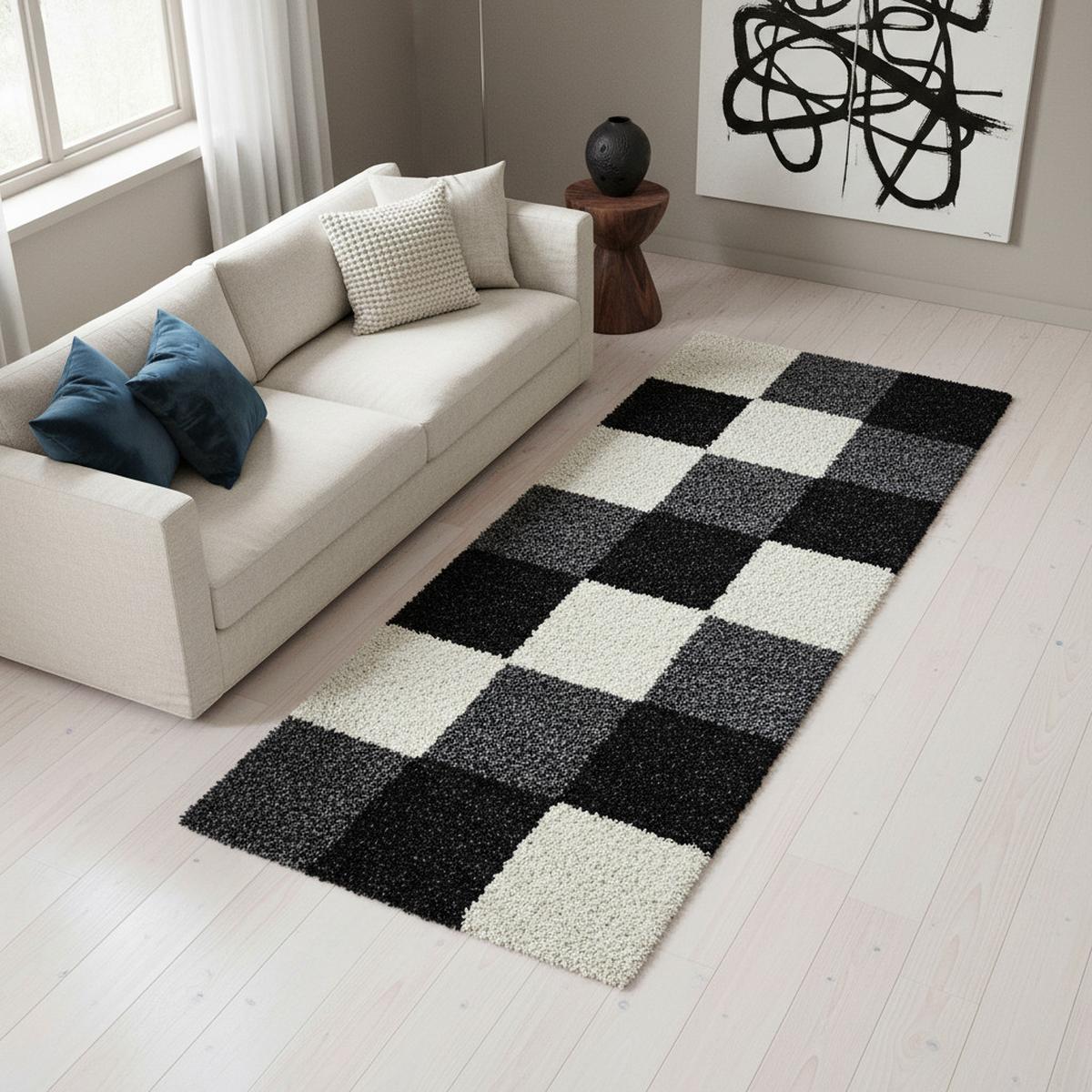 HOCHFLORTEPPICH RHEIN, kariert, Schwarz, 80 x 250 cm - Schwarz, Textil (250/80cm) - KADIMA DESIGN
