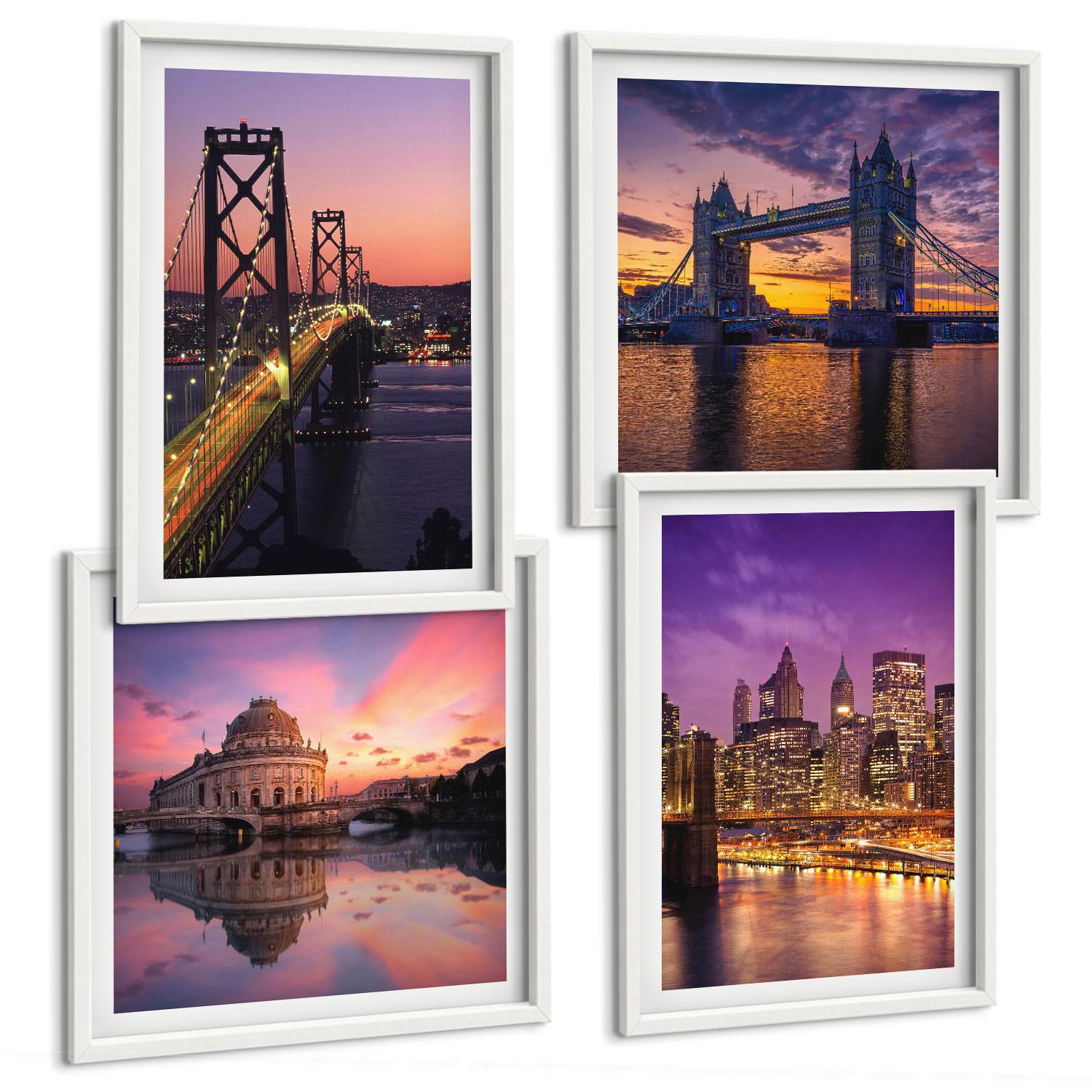 BILDER SET 4er Set - 50x50 cm & 40x60 cm Weißer Rahmen - Brücken, Sonne, Stadtblick - Weiß, Kunststoff (50/50cm) - TULUP