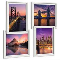 BILDER SET 4er Set - 50x50 cm & 40x60 cm Weißer Rahmen - Brücken, Sonne, Stadtblick - Weiß, Kunststoff (50/50cm) - TULUP
