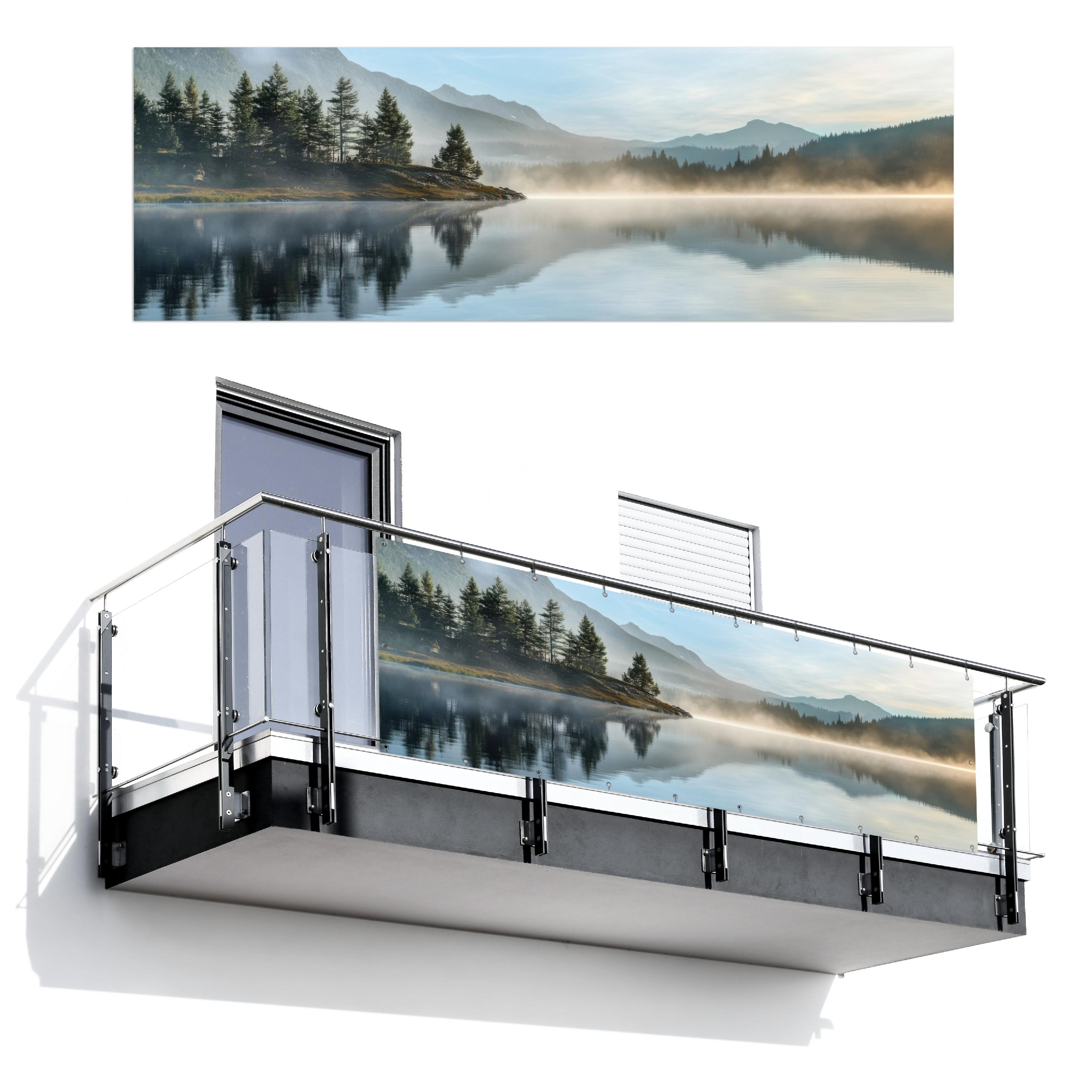 BALKON-SICHTSCHUTZ See - Nebel - Berge - Landschaft Windschutz 300x100 cm - Hellblau, Kunststoff (300/100cm) - MuchoWow