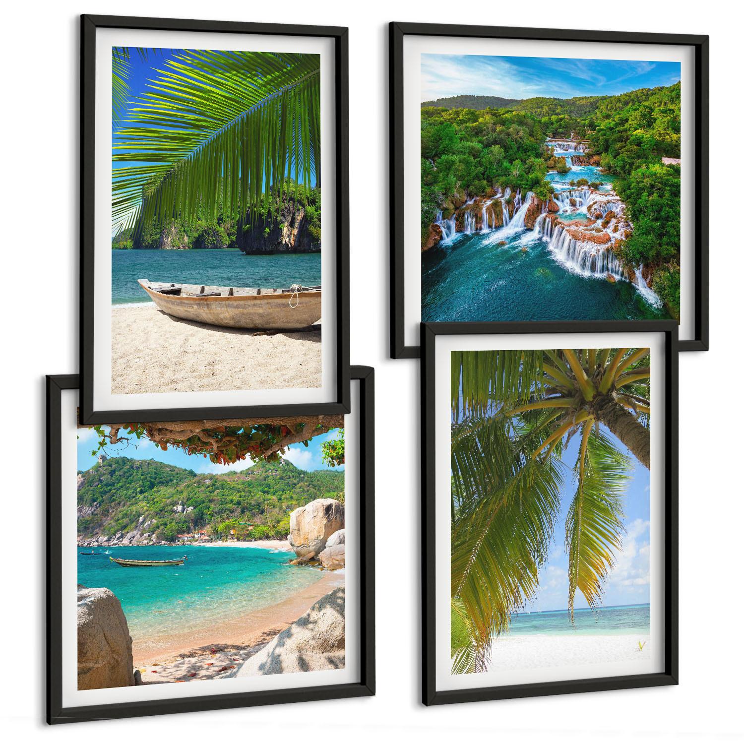 BILDER SET 4er Set - 50x50 cm & 40x60 cm Schwarzer Rahmen - Strand, Boot, Wasserfälle, Palmen - Schwarz, Kunststoff (50/50cm) - TULUP