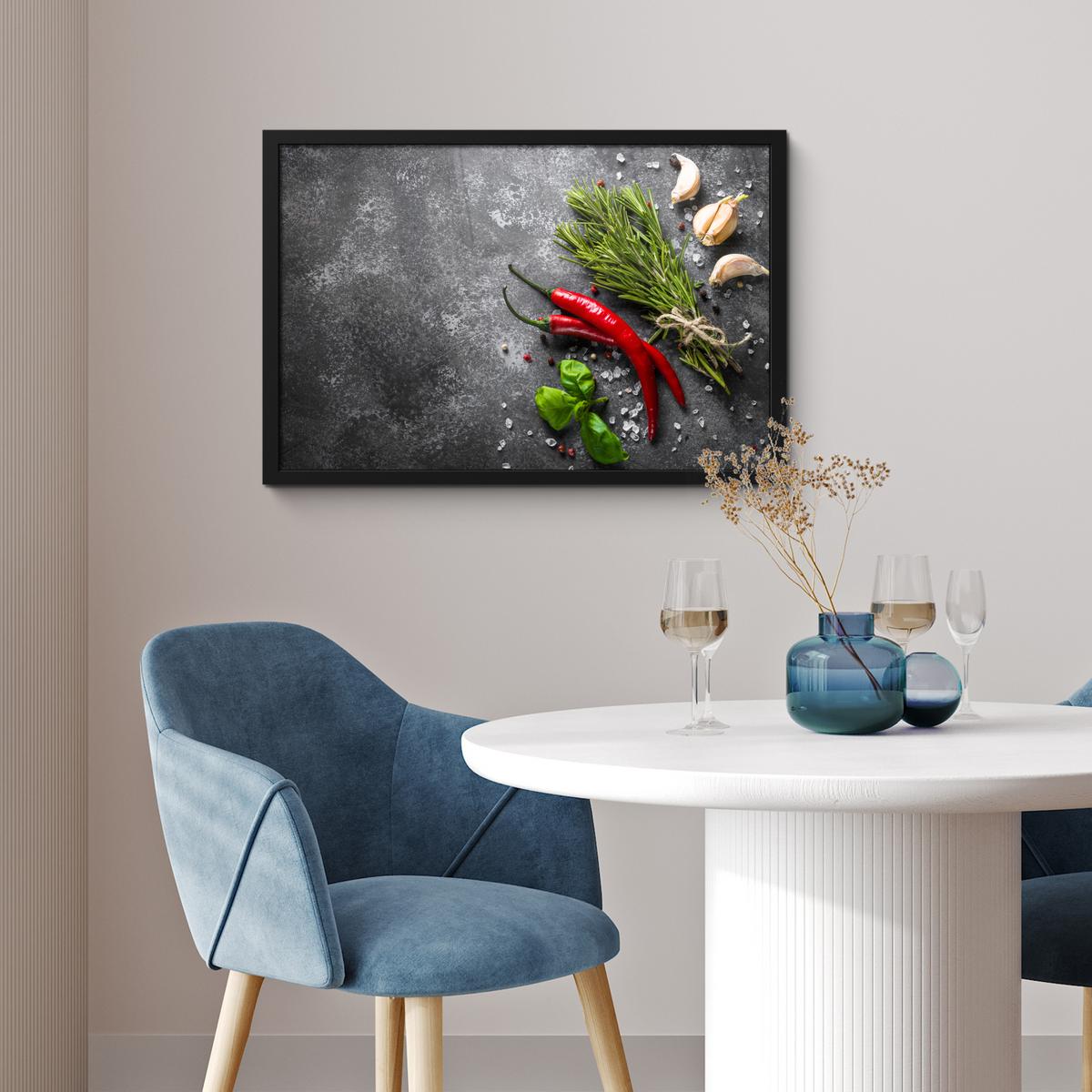 POSTER MIT RAHMENGERAHMTES BILD Pfeffer - Kräuter - Gewürze - Beton 60x40 cm - Dunkelgrau, Papier (60/40cm) - MuchoWow