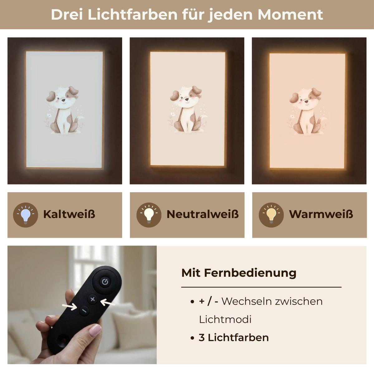 WANDLEUCHTE MIT AKKU Hund - Gefleckt - Braun 60x90 cm - Beige, Holzwerkstoff (60/90/8cm) - OnlyWow