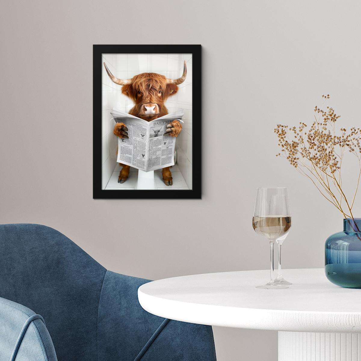 POSTER MIT RAHMEN Schottischer Highlander - Tier - Zeitung - Toilette Poster 20x30 cm - Kastanienfarben, Papier (20/30cm) - MuchoWow